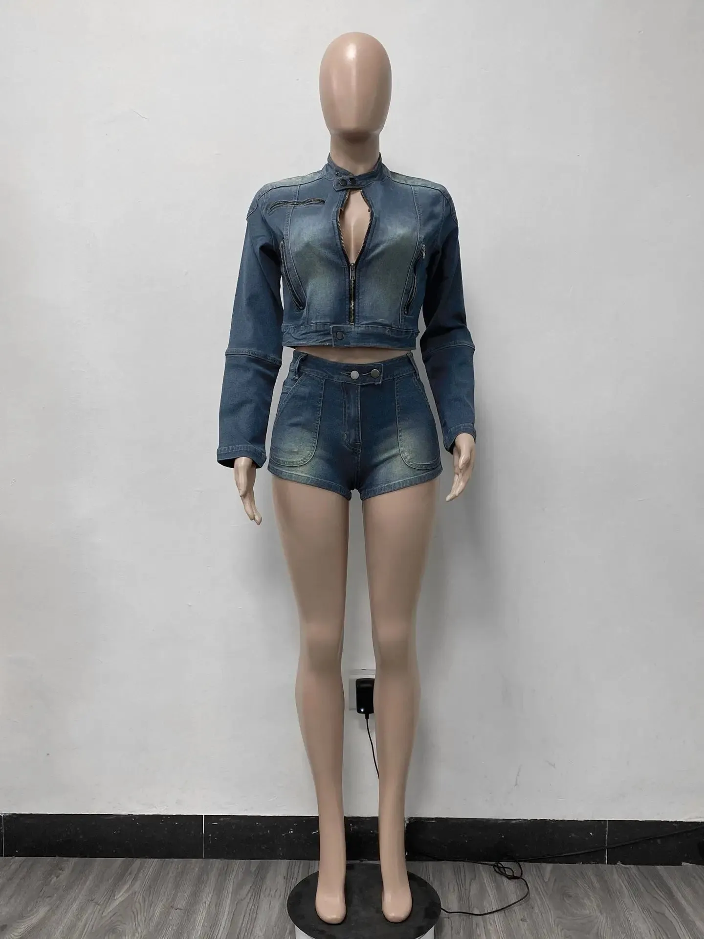 2024 Fashion Sexy Long Sleeve Crop Jean Jacket Two Piece Set Spring Women Clothes Denim Stretchy Jacket shorts Set Womens