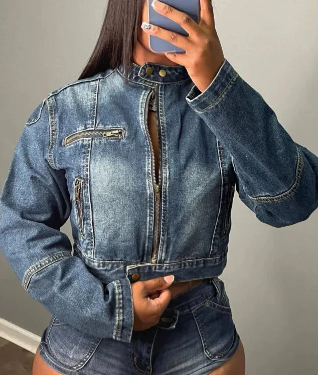 2024 Fashion Sexy Long Sleeve Crop Jean Jacket Two Piece Set Spring Women Clothes Denim Stretchy Jacket shorts Set Womens