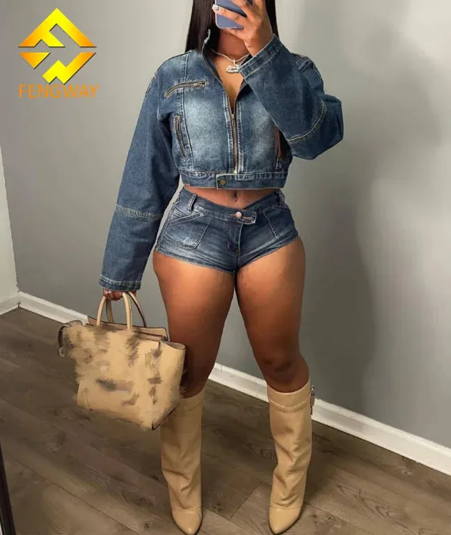 2024 Fashion Sexy Long Sleeve Crop Jean Jacket Two Piece Set Spring Women Clothes Denim Stretchy Jacket shorts Set Womens