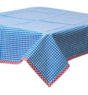 60 x 117 Gingham Blue Oilcloth Tablecloth with Red Gingham Trim