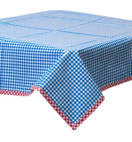 60 x 117 Gingham Blue Oilcloth Tablecloth with Red Gingham Trim