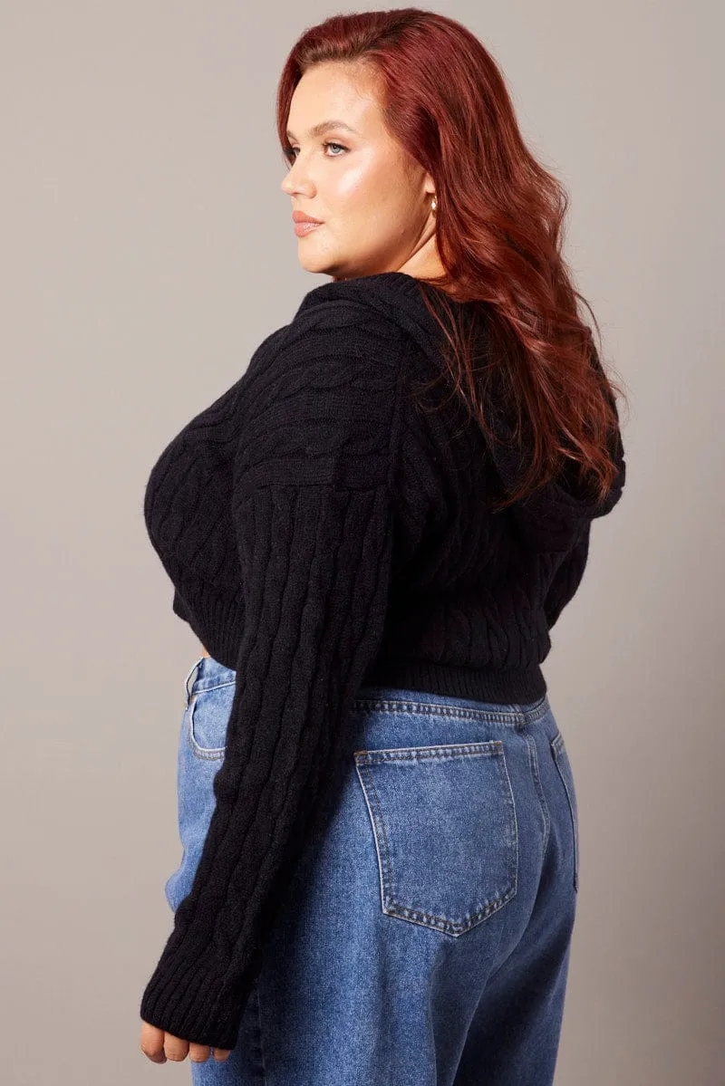 Black Cable Knit Cardigan Hooded Crop