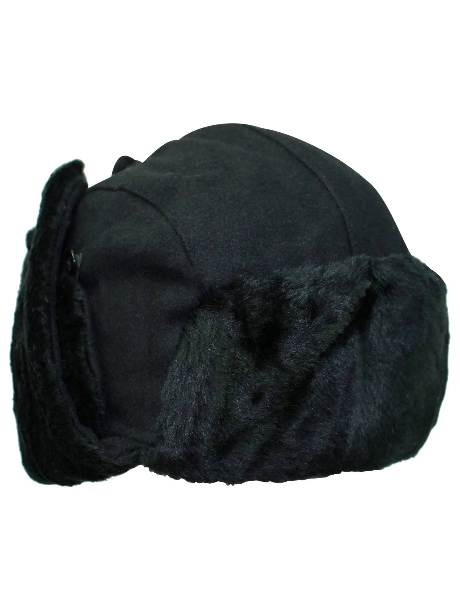 Black Wool Aviator Cap Hat With Faux Fur Trim