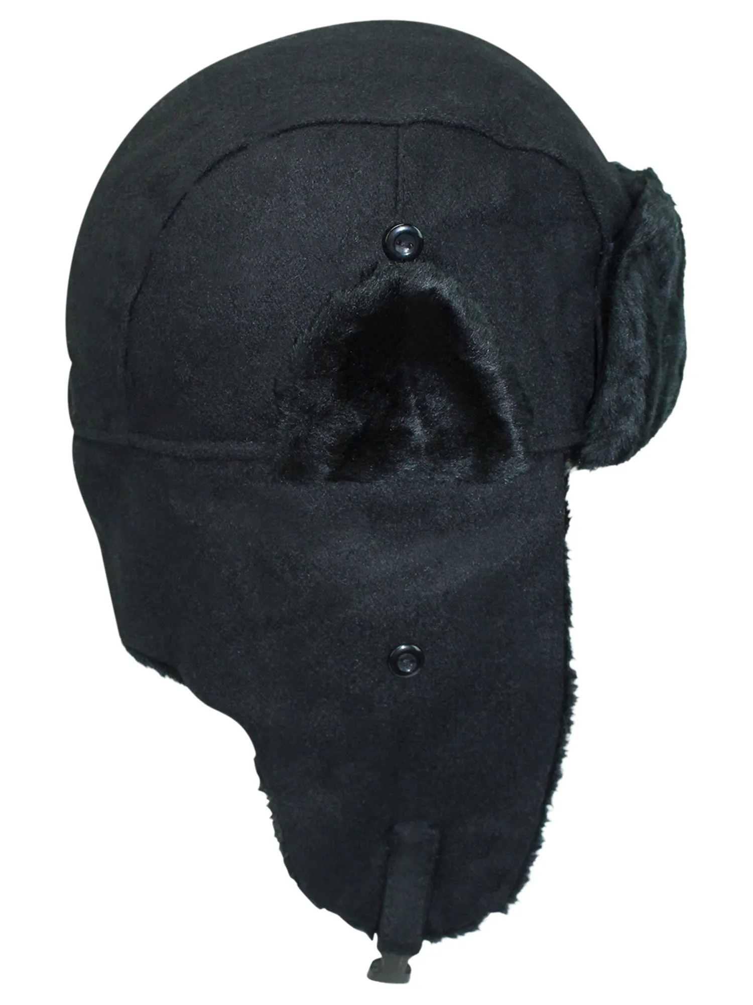 Black Wool Aviator Cap Hat With Faux Fur Trim
