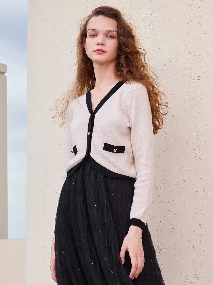 Black&Pink Crop Tencel Woolen Cardigan