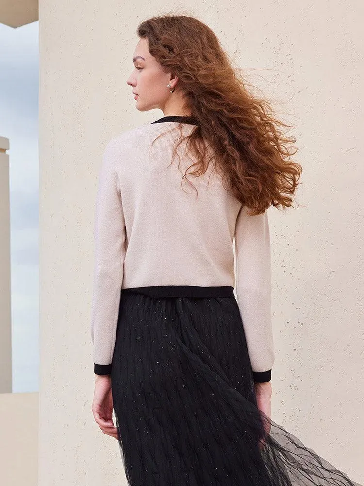 Black&Pink Crop Tencel Woolen Cardigan