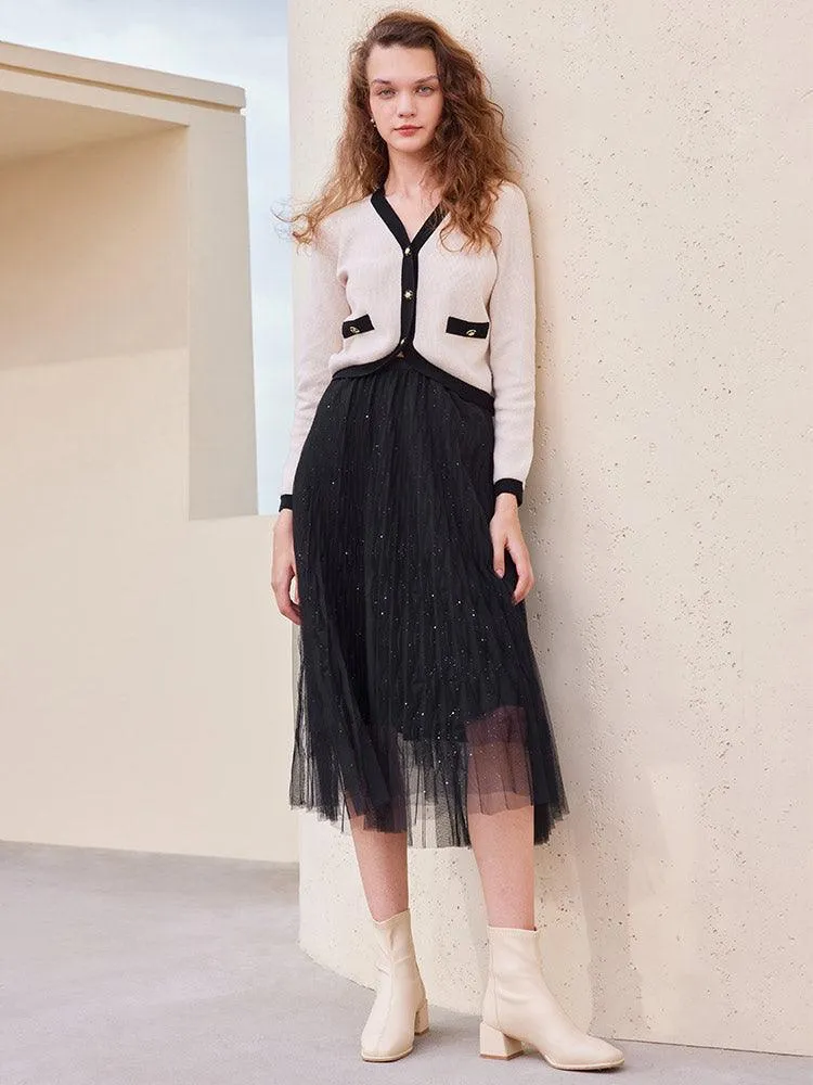 Black&Pink Crop Tencel Woolen Cardigan