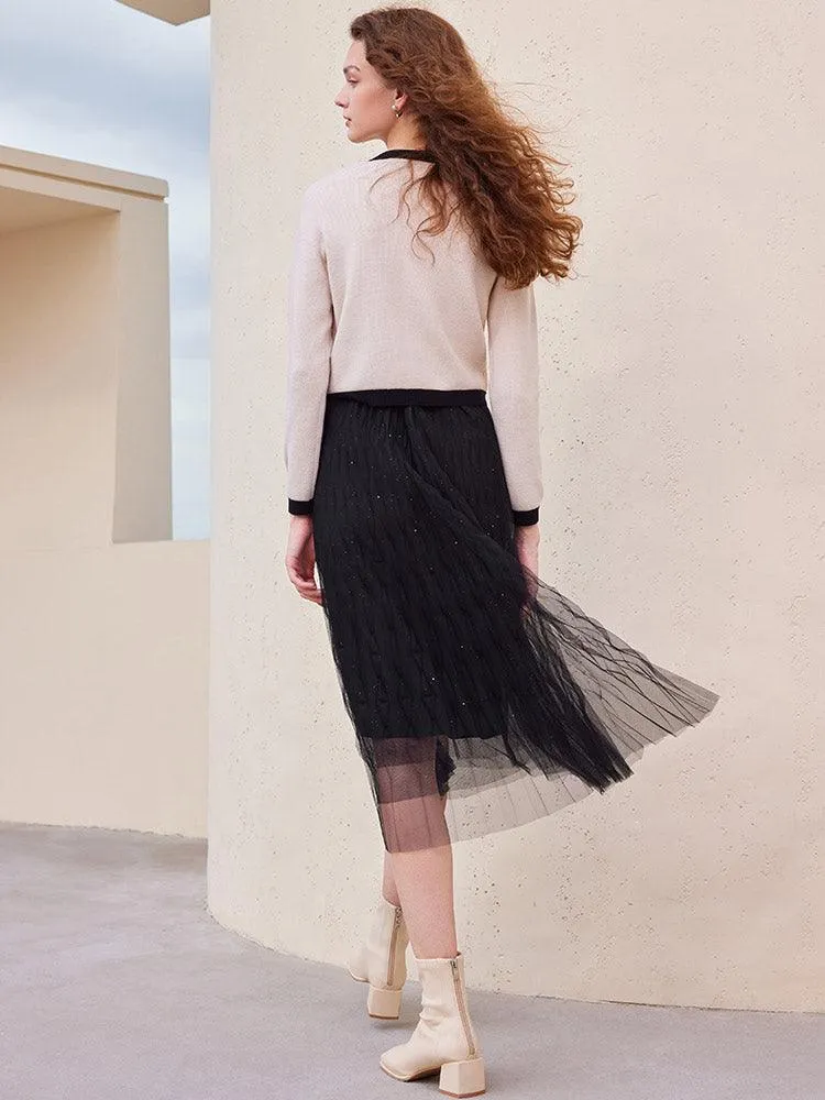Black&Pink Crop Tencel Woolen Cardigan