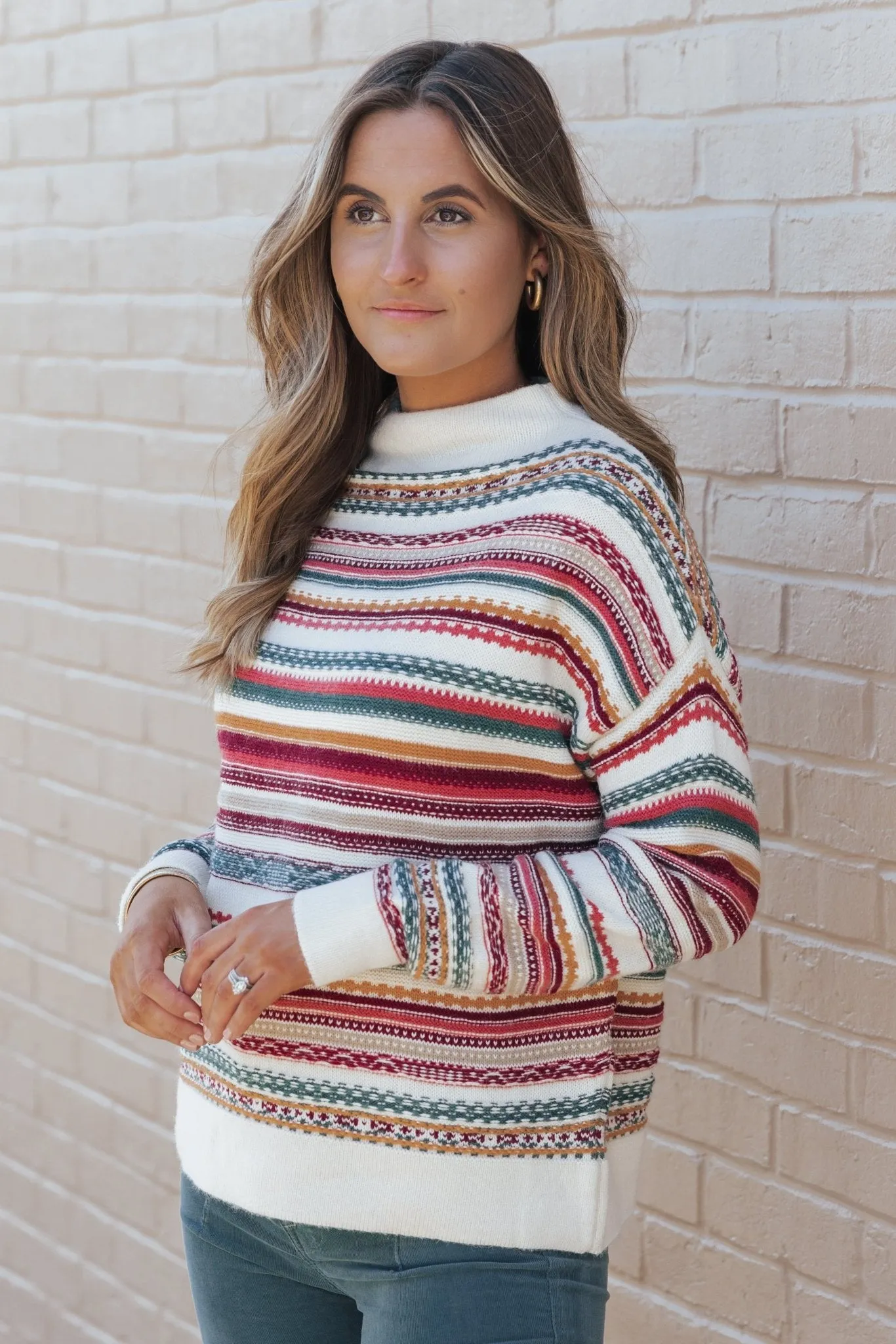 Burgundy Fair Isle Pattern Pullover Sweater