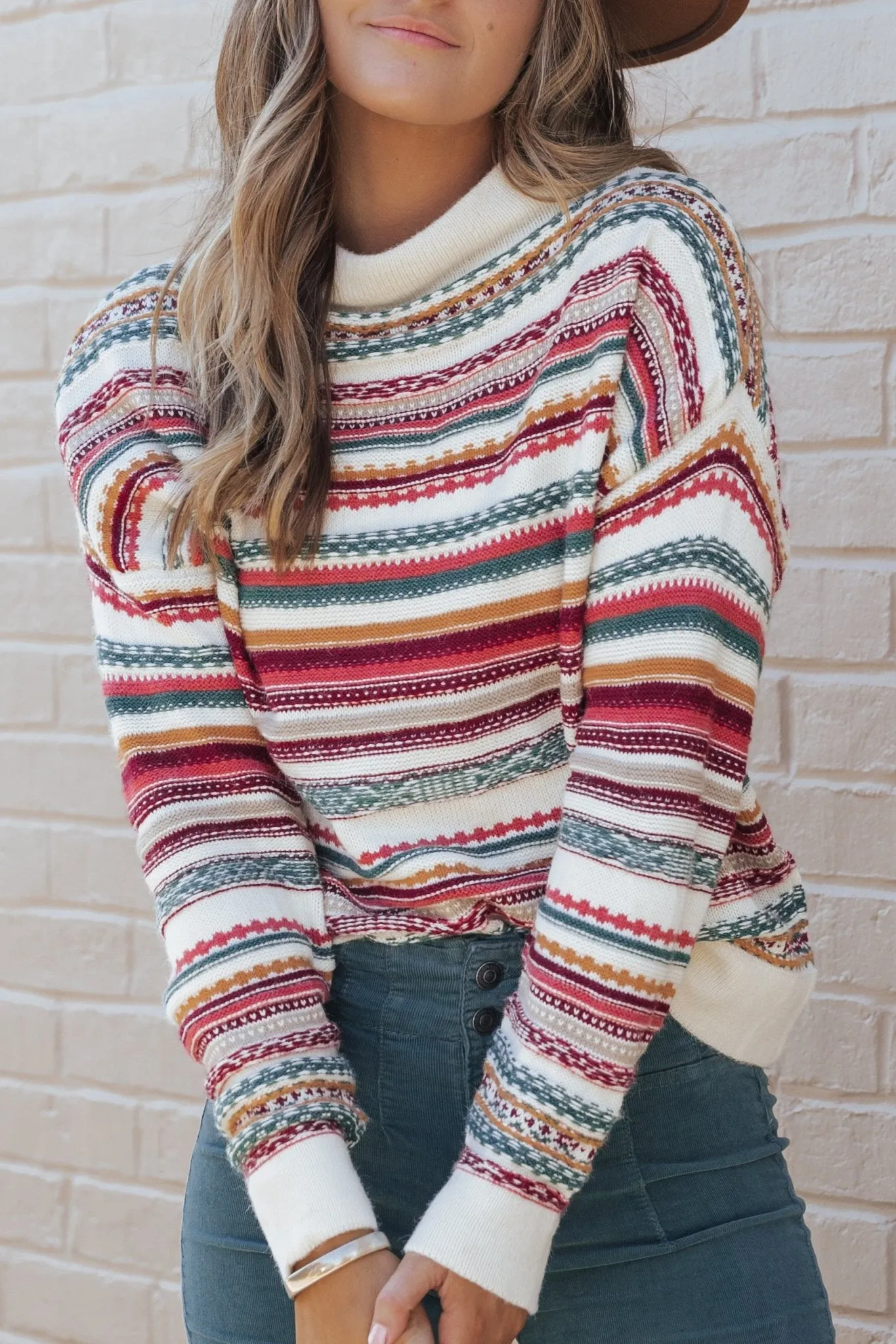 Burgundy Fair Isle Pattern Pullover Sweater