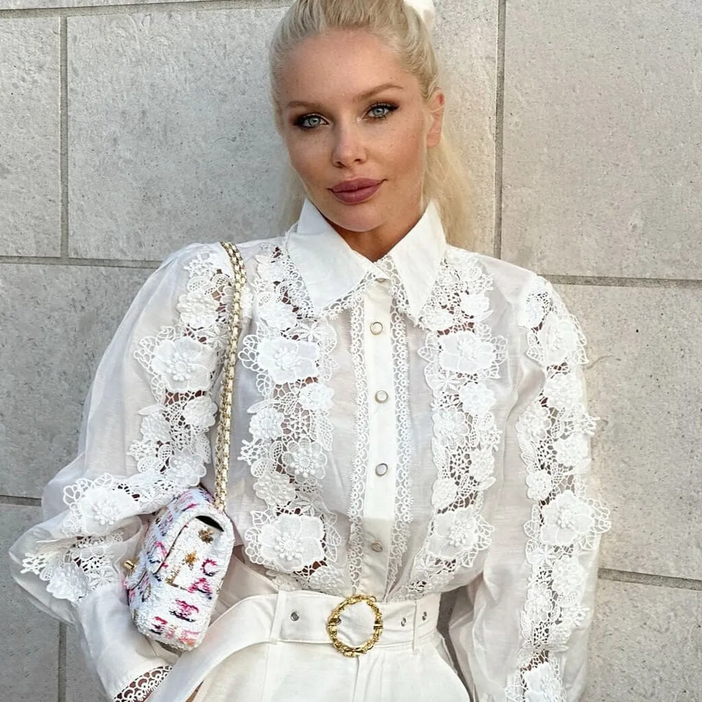 Chic Guipure Lace Button Up Blouson Sleeve Blouse Belted Shorts Matching Set