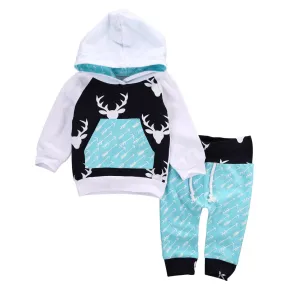 Christmas Kids Baby Girls Boys Reindeer Hooded Tops  Pants Outfits Set 2pcs suit baby boy clothes