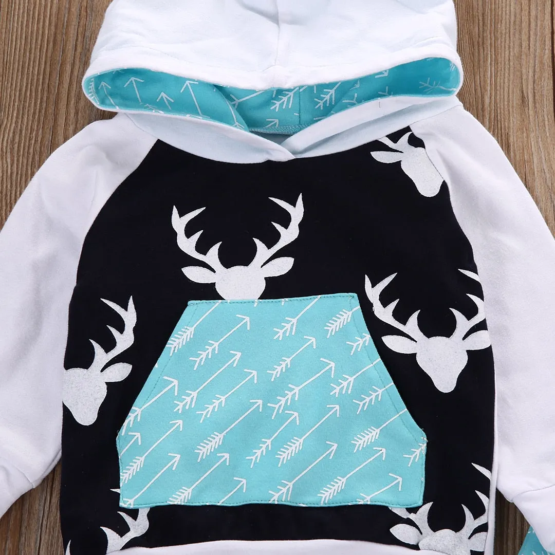 Christmas Kids Baby Girls Boys Reindeer Hooded Tops  Pants Outfits Set 2pcs suit baby boy clothes