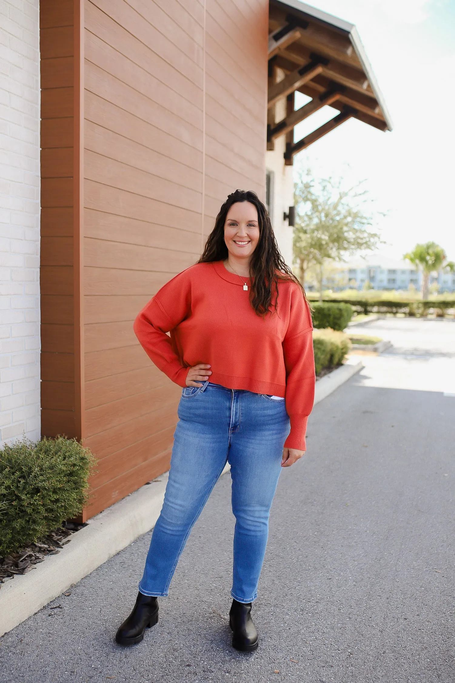 Colorado Casual Ribbed Hem Sweater Top- Rust