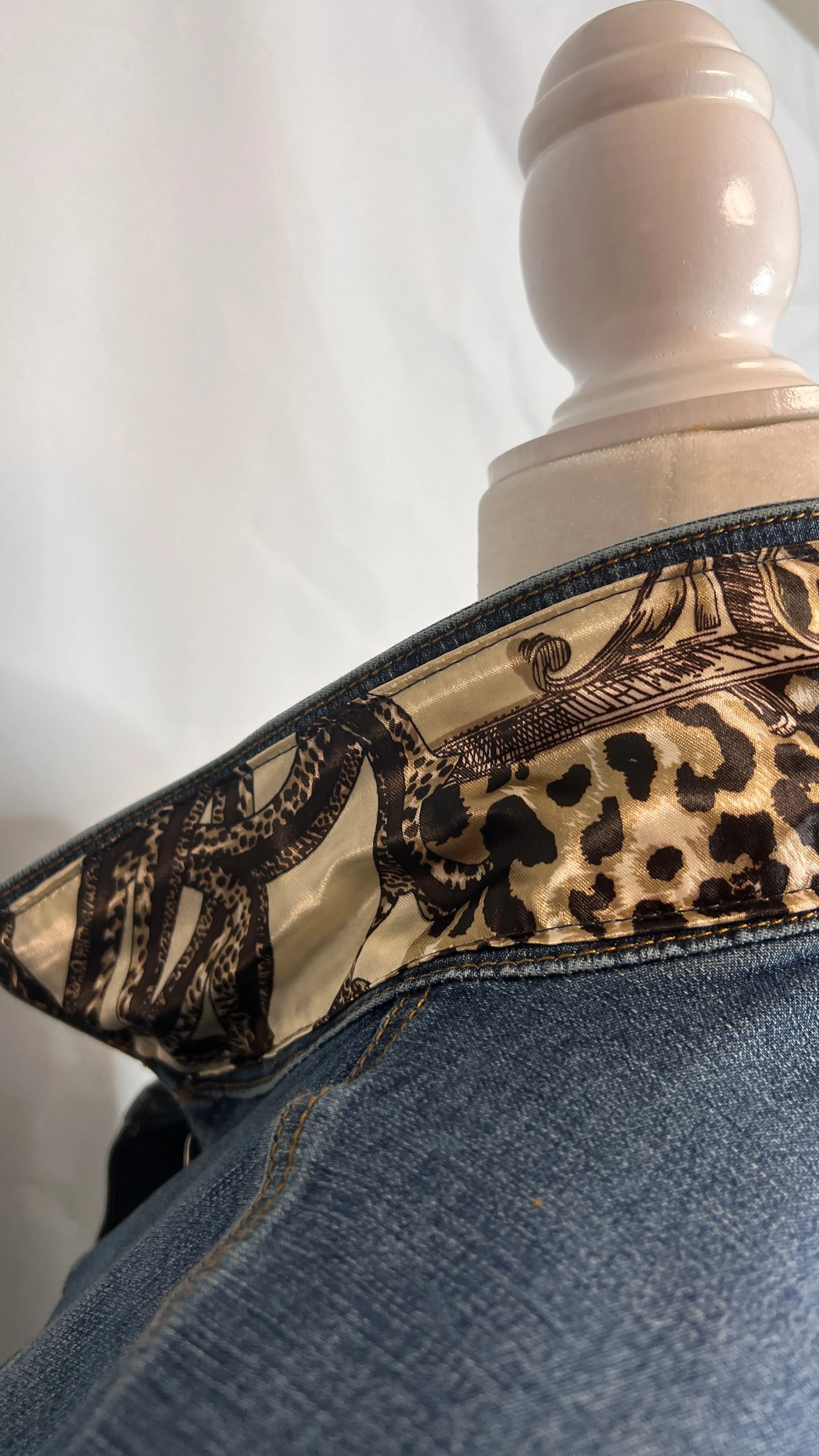 Cream, Gold and Leopard Print Denim Jacket