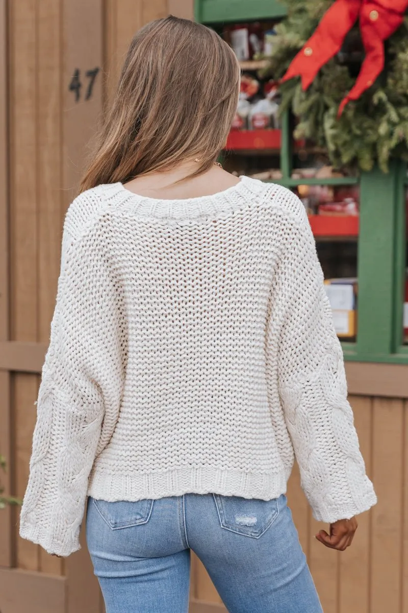 Cream V Neck Cable Knit Sweater - FINAL SALE
