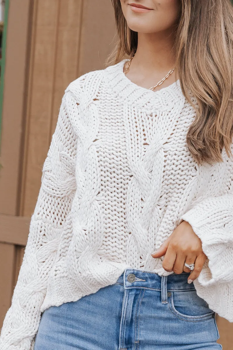 Cream V Neck Cable Knit Sweater - FINAL SALE