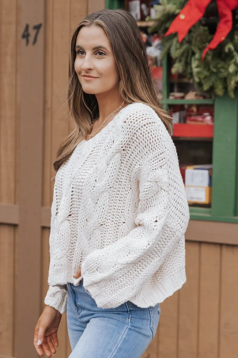 Cream V Neck Cable Knit Sweater - FINAL SALE