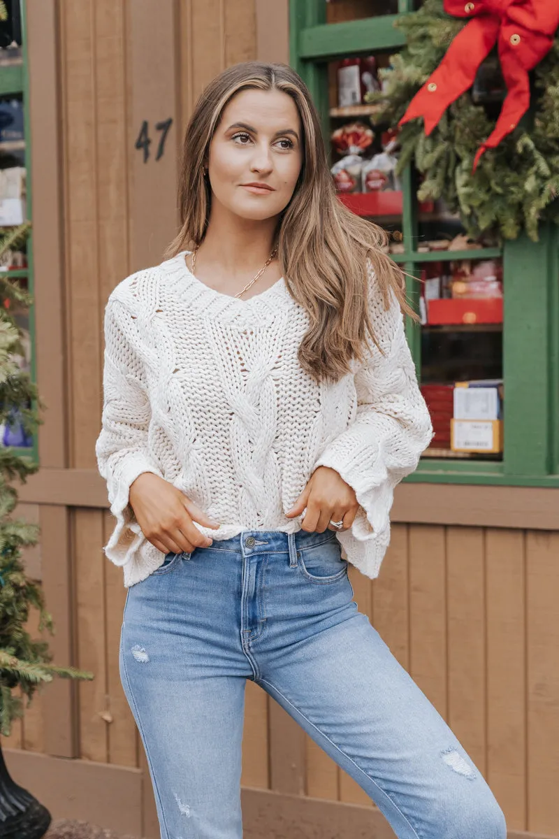 Cream V Neck Cable Knit Sweater - FINAL SALE