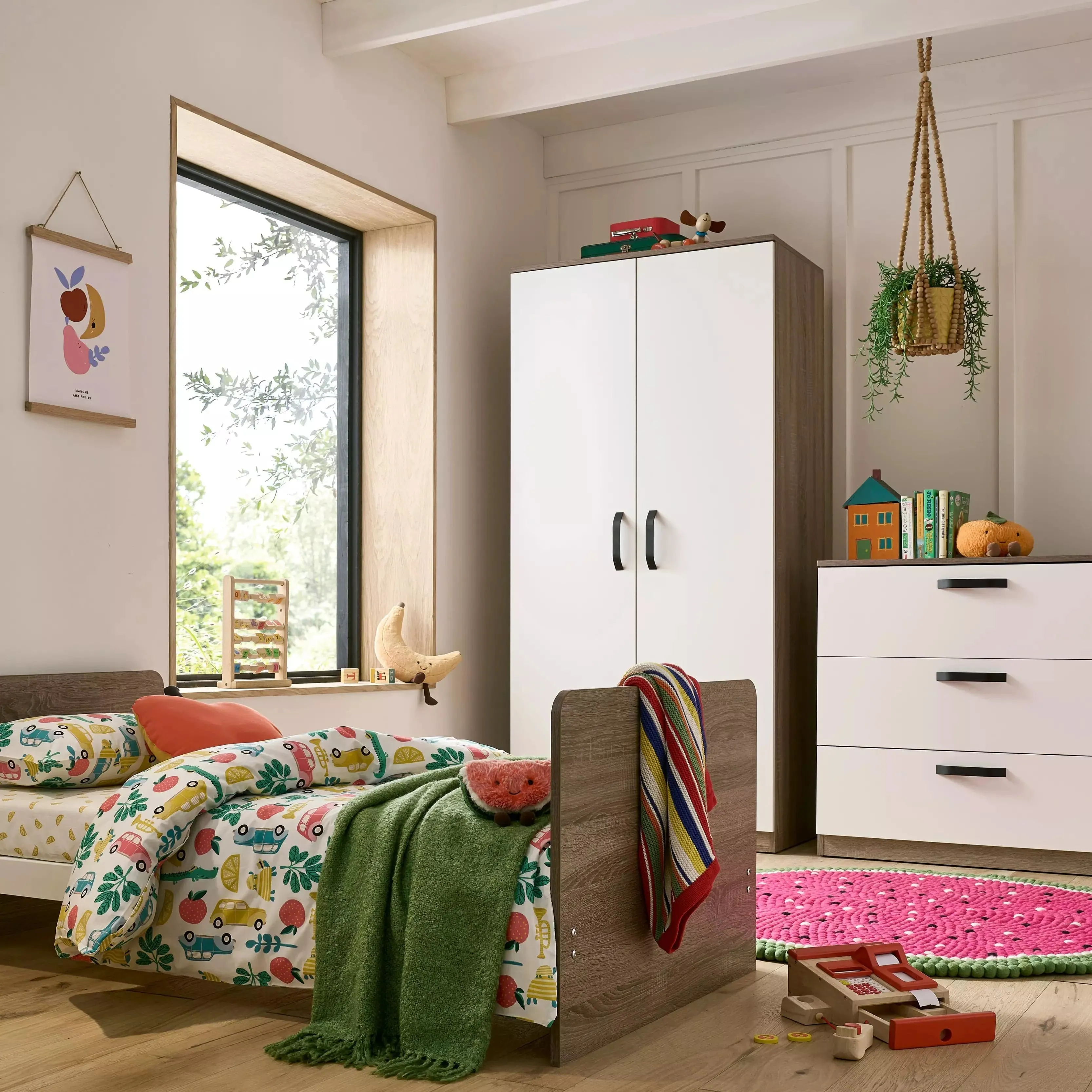 CuddleCo Enzo 3pc Set 3 Drawer Dresser, Cot Bed and Wardrobe - Truffle Oak/White