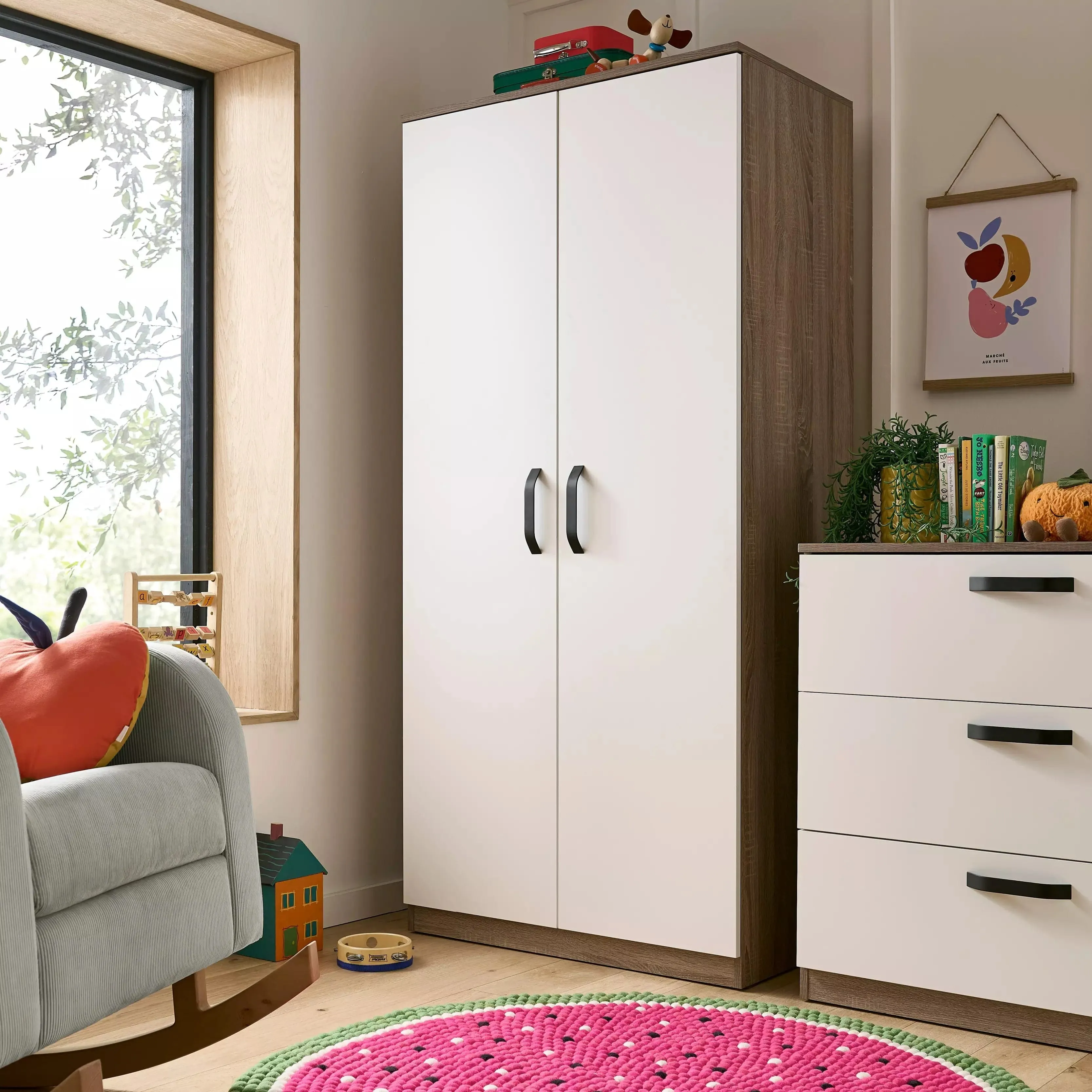 CuddleCo Enzo 3pc Set 3 Drawer Dresser, Cot Bed and Wardrobe - Truffle Oak/White