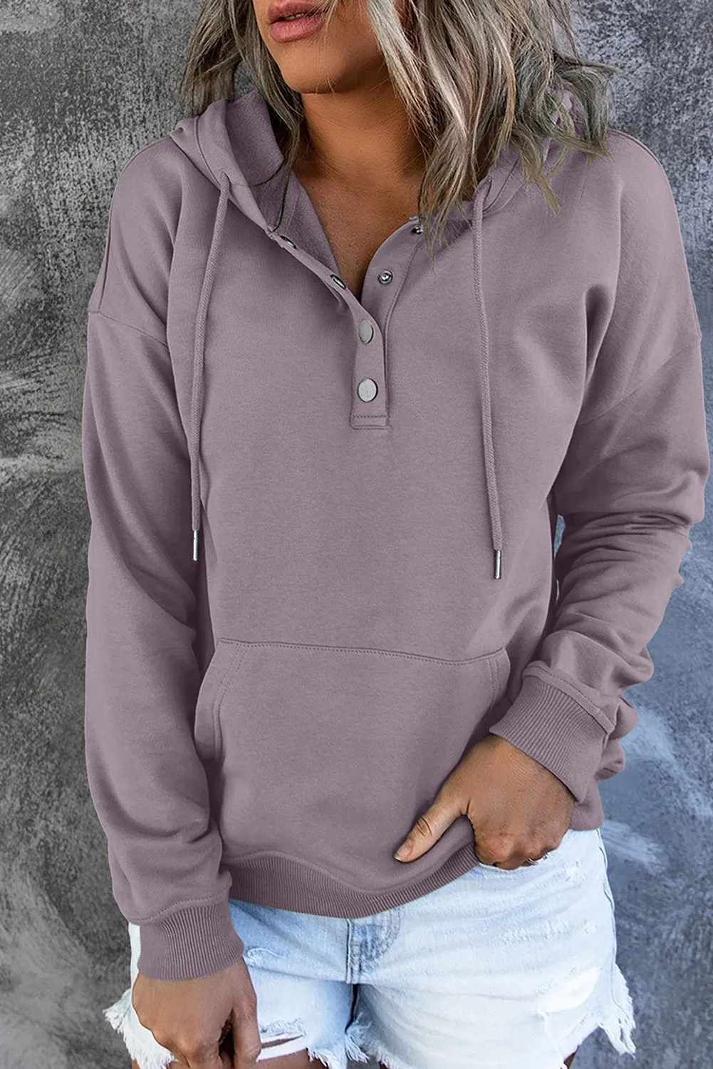 Dropped Shoulder Long Sleeve Hoodie with Pocket - 9 colors