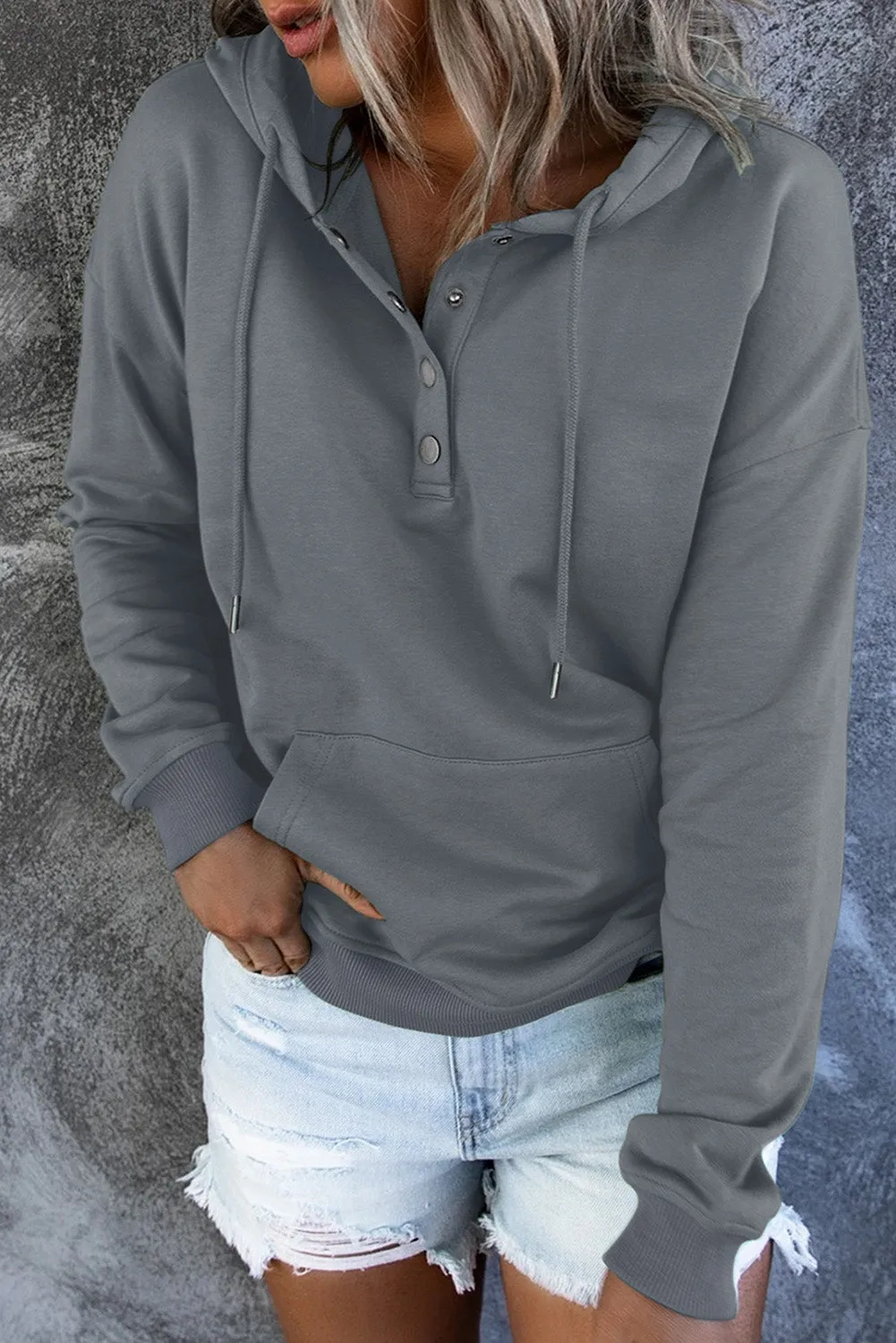 Dropped Shoulder Long Sleeve Hoodie with Pocket - 9 colors