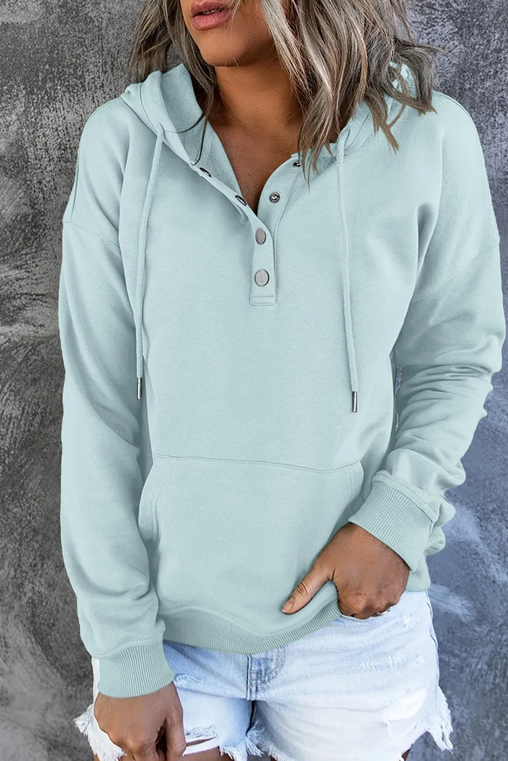Dropped Shoulder Long Sleeve Hoodie with Pocket - 9 colors
