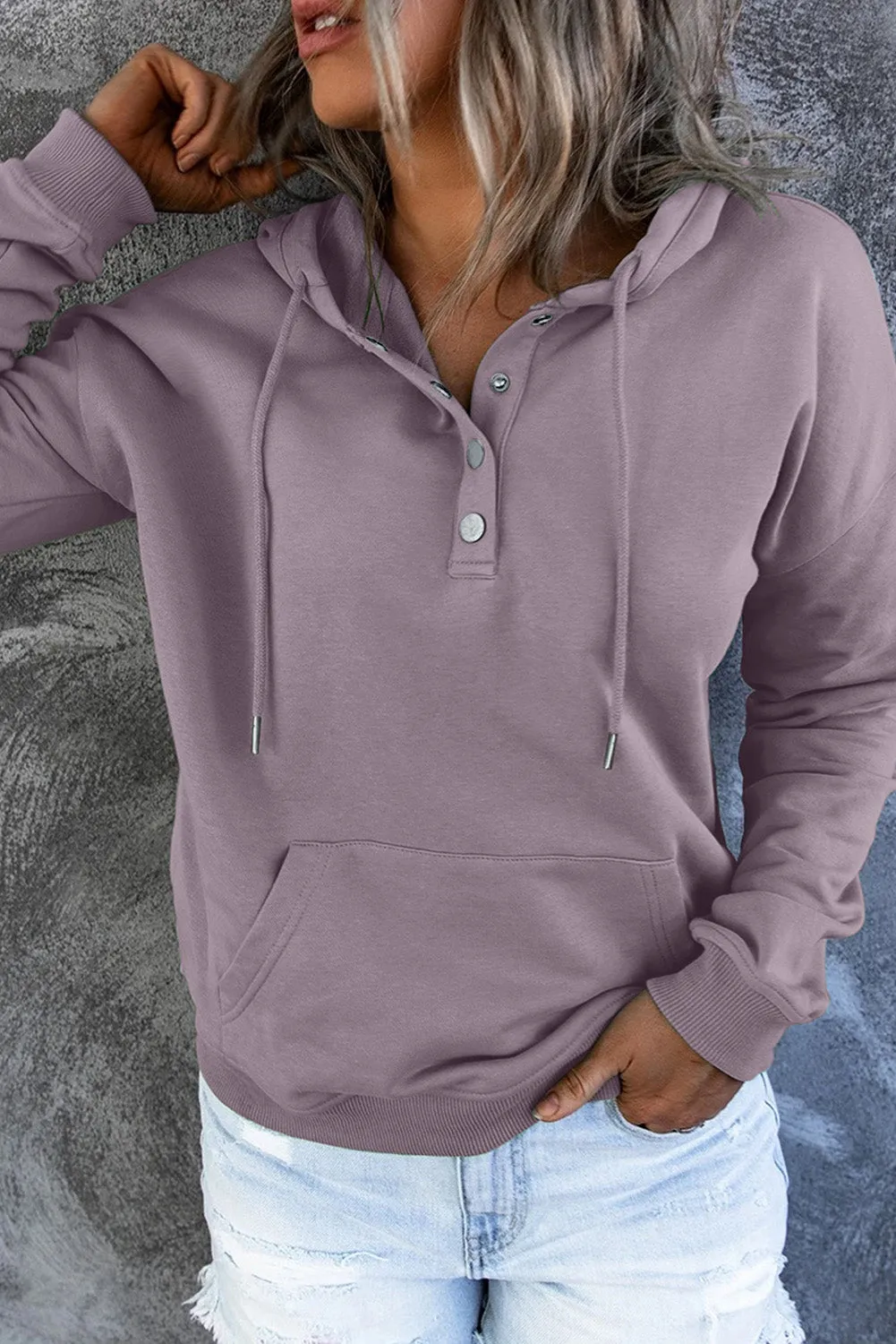 Dropped Shoulder Long Sleeve Hoodie with Pocket - 9 colors
