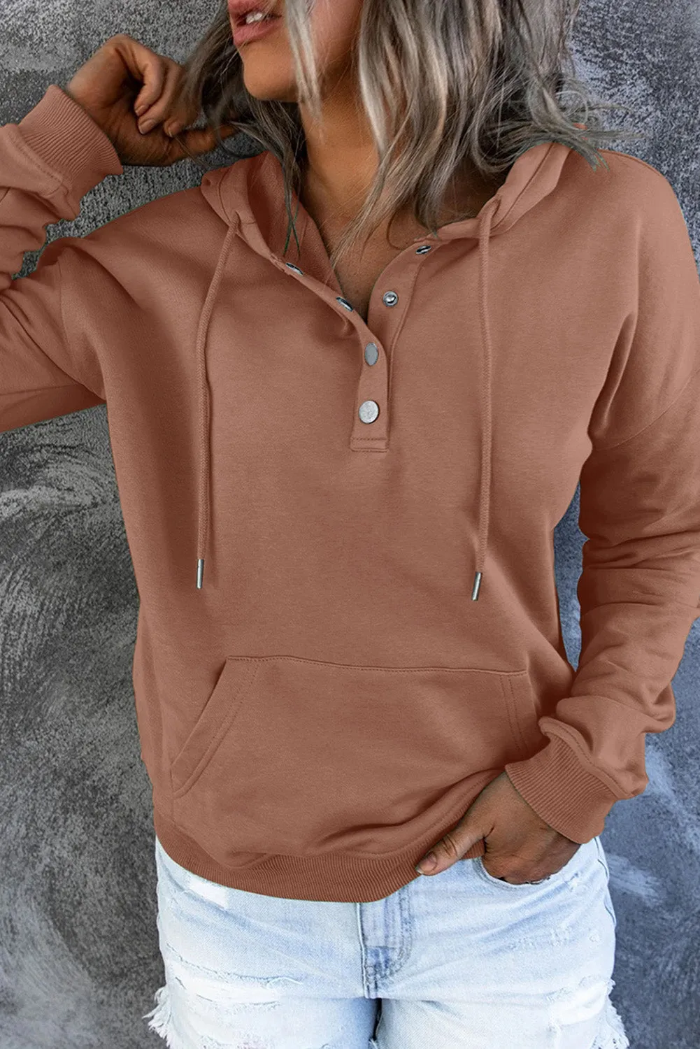 Dropped Shoulder Long Sleeve Hoodie with Pocket - 9 colors