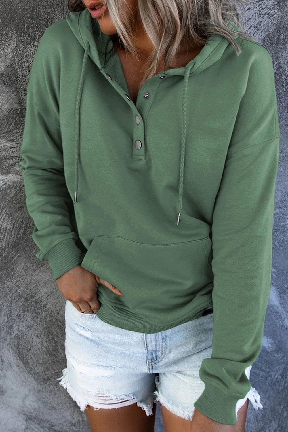 Dropped Shoulder Long Sleeve Hoodie with Pocket - 9 colors