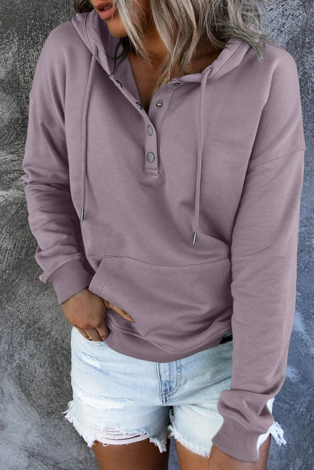 Dropped Shoulder Long Sleeve Hoodie with Pocket - 9 colors