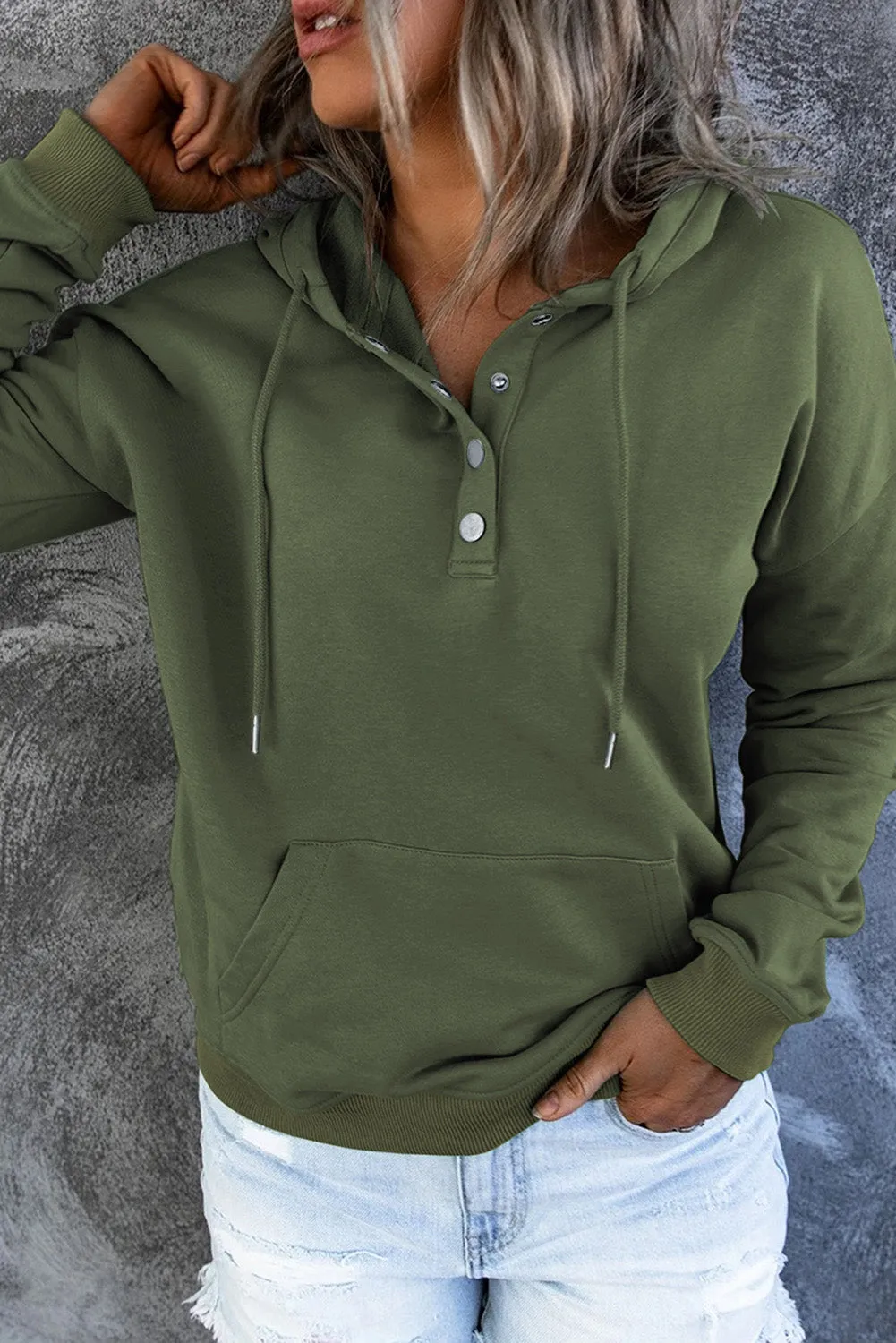 Dropped Shoulder Long Sleeve Hoodie with Pocket - 9 colors