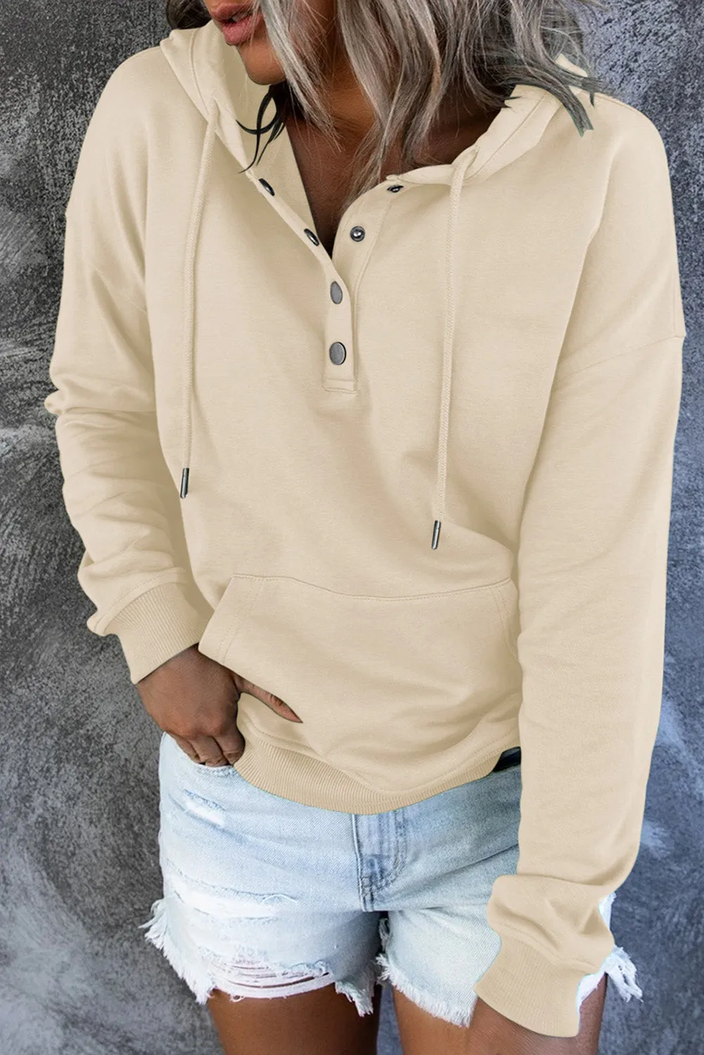 Dropped Shoulder Long Sleeve Hoodie with Pocket - 9 colors