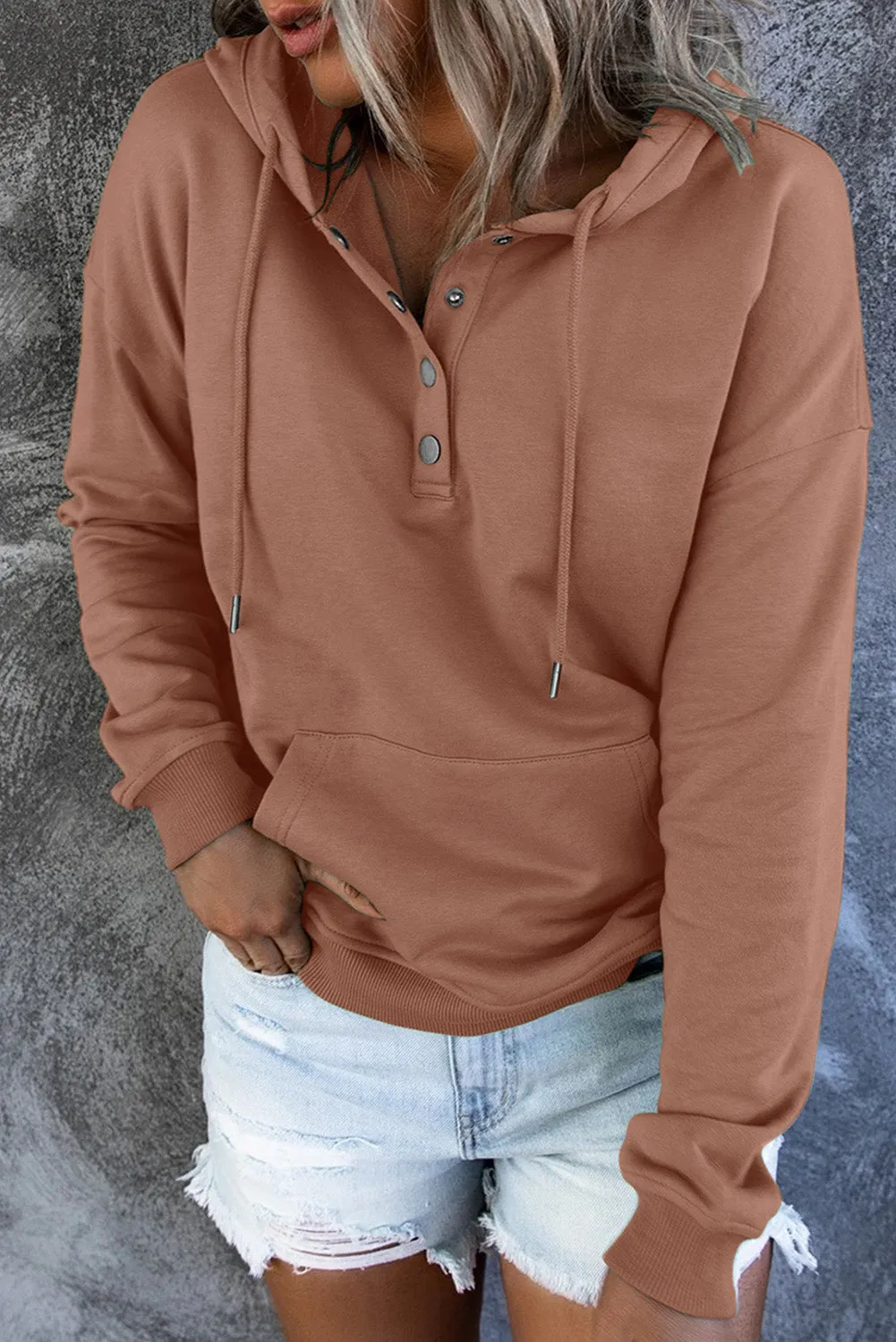 Dropped Shoulder Long Sleeve Hoodie with Pocket - 9 colors