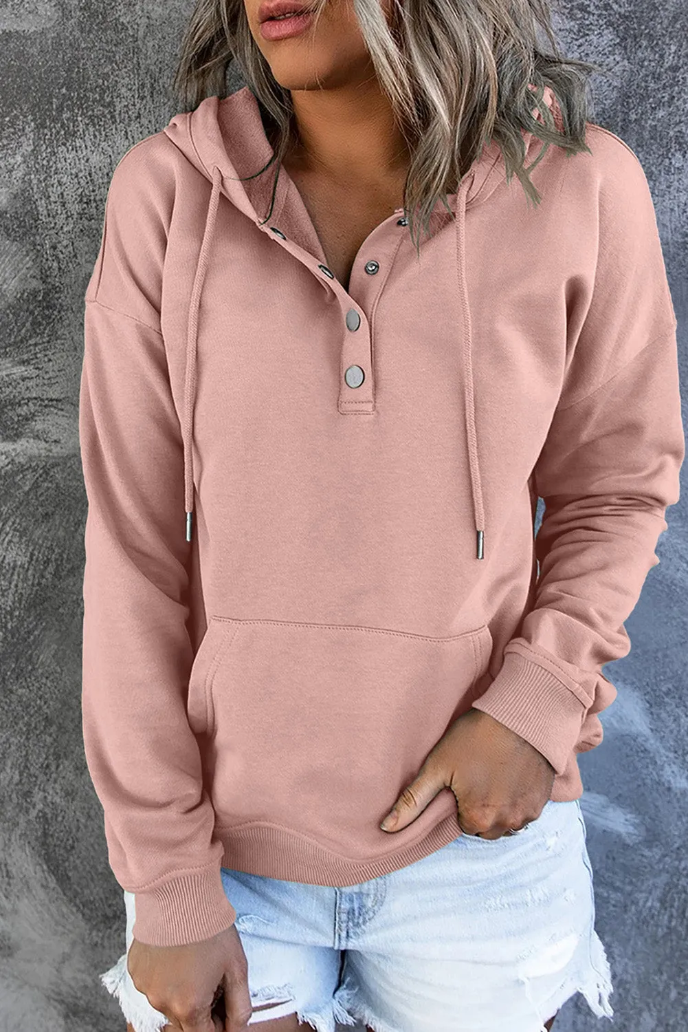 Dropped Shoulder Long Sleeve Hoodie with Pocket - 9 colors