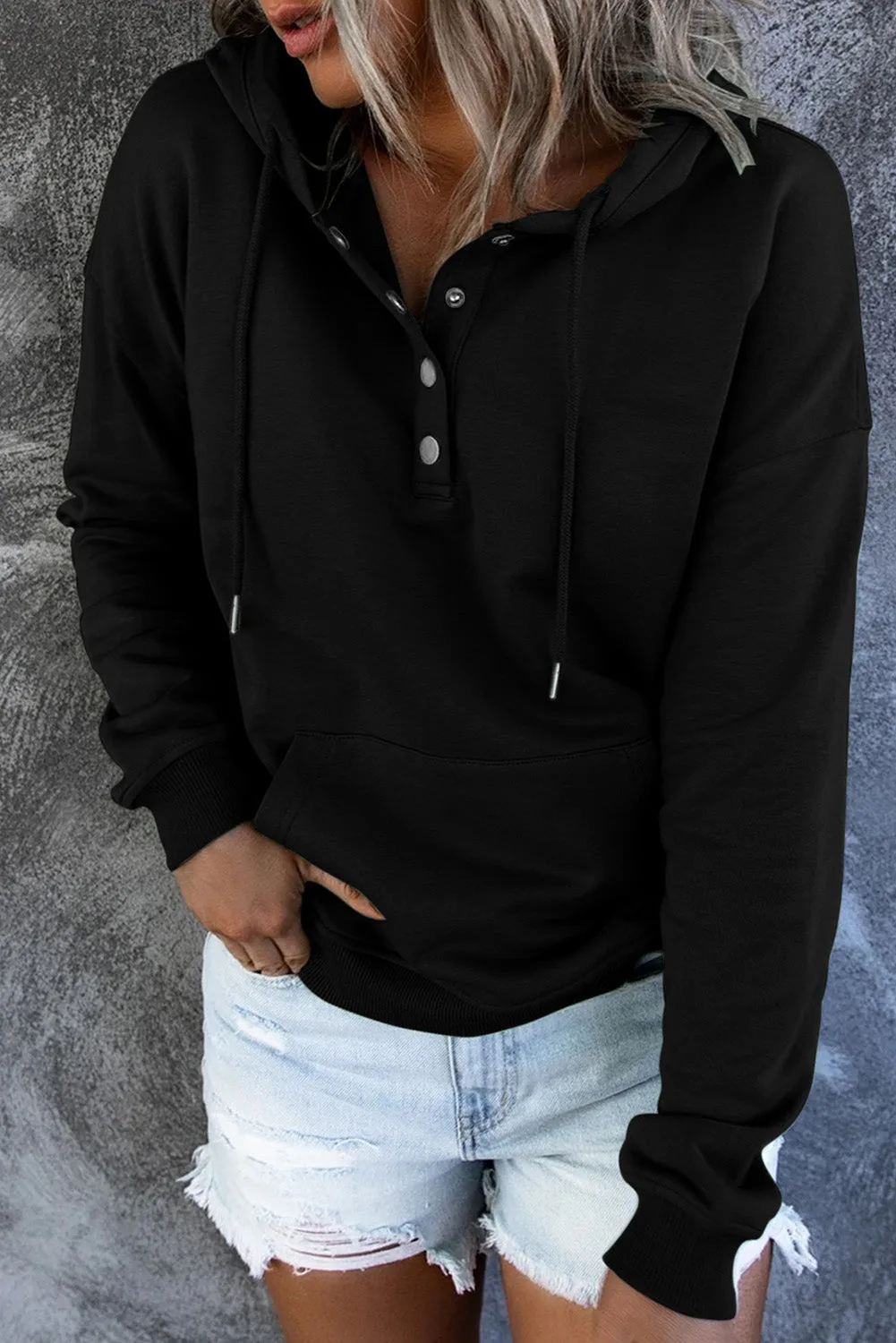 Dropped Shoulder Long Sleeve Hoodie with Pocket - 9 colors