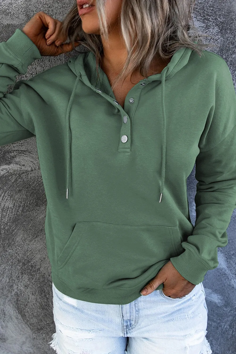 Dropped Shoulder Long Sleeve Hoodie with Pocket - 9 colors