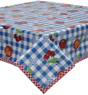 Fruit and Gingham Blue Oilcloth Tableclothwith Red Gingham Trim