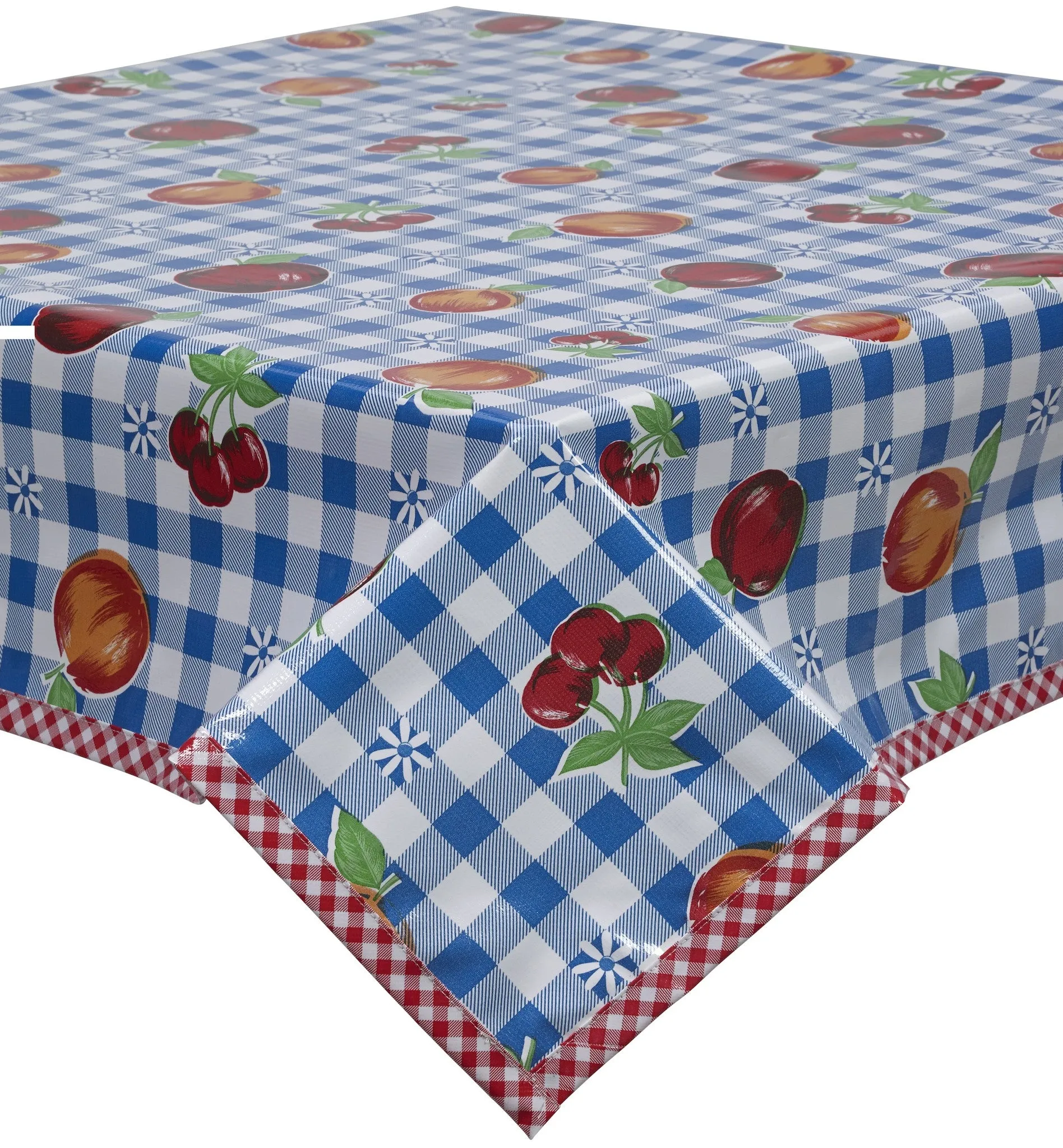Fruit and Gingham Blue Oilcloth Tableclothwith Red Gingham Trim