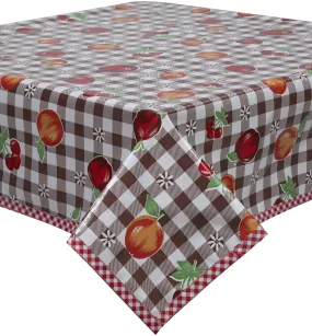 Fruit and Gingham Brown Oilcloth Tablecloth with Red Gingham Trim