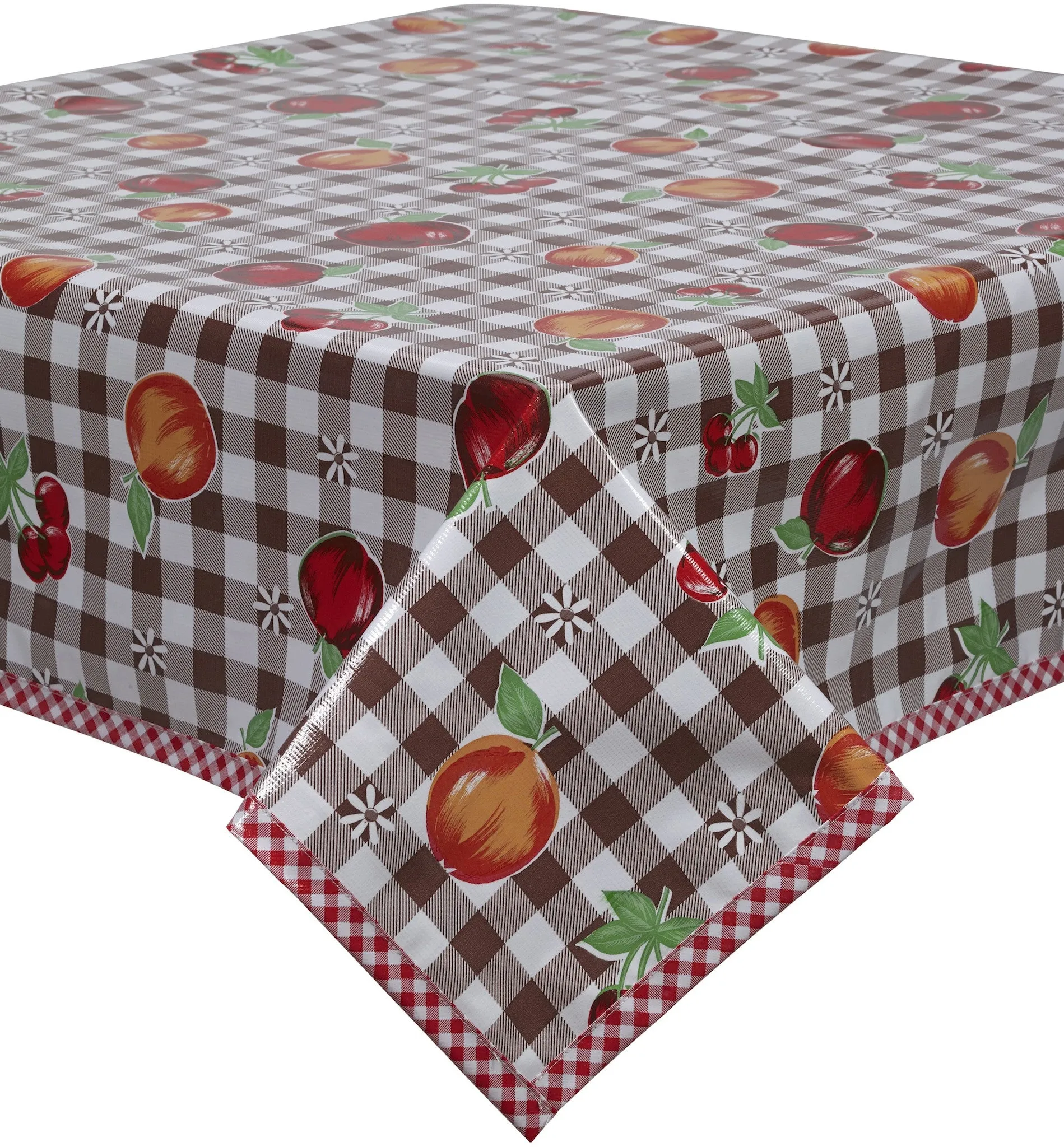 Fruit and Gingham Brown Oilcloth Tablecloth with Red Gingham Trim
