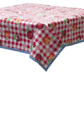 Fruit and Gingham Red Oilcloth Tablecloth with Blue Gingham Trim