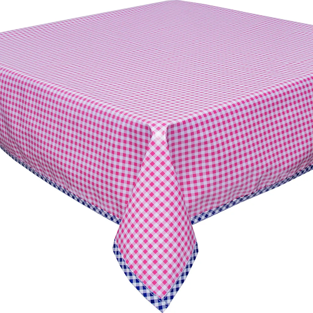 Gingham Pink Oilcloth Tablecloth with Navy Gingham Trim