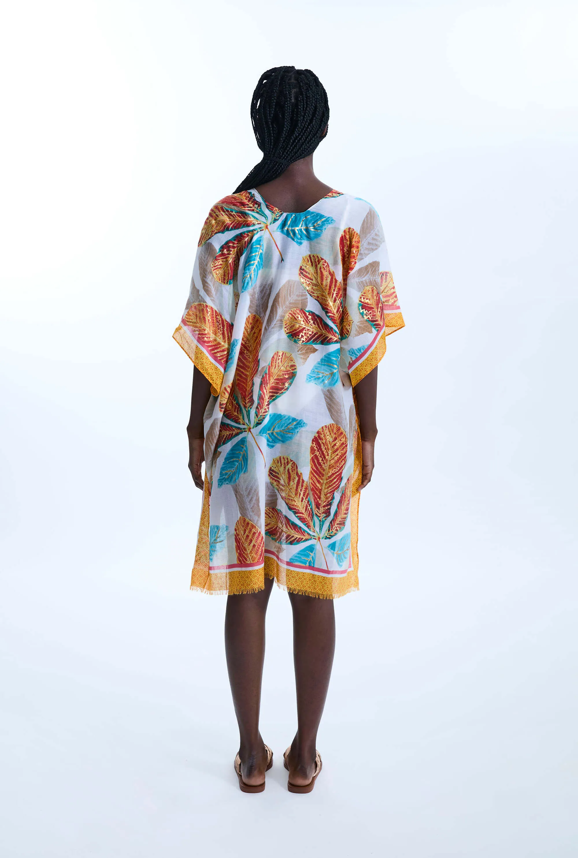Gold Detail Leaf Kaftan Orange