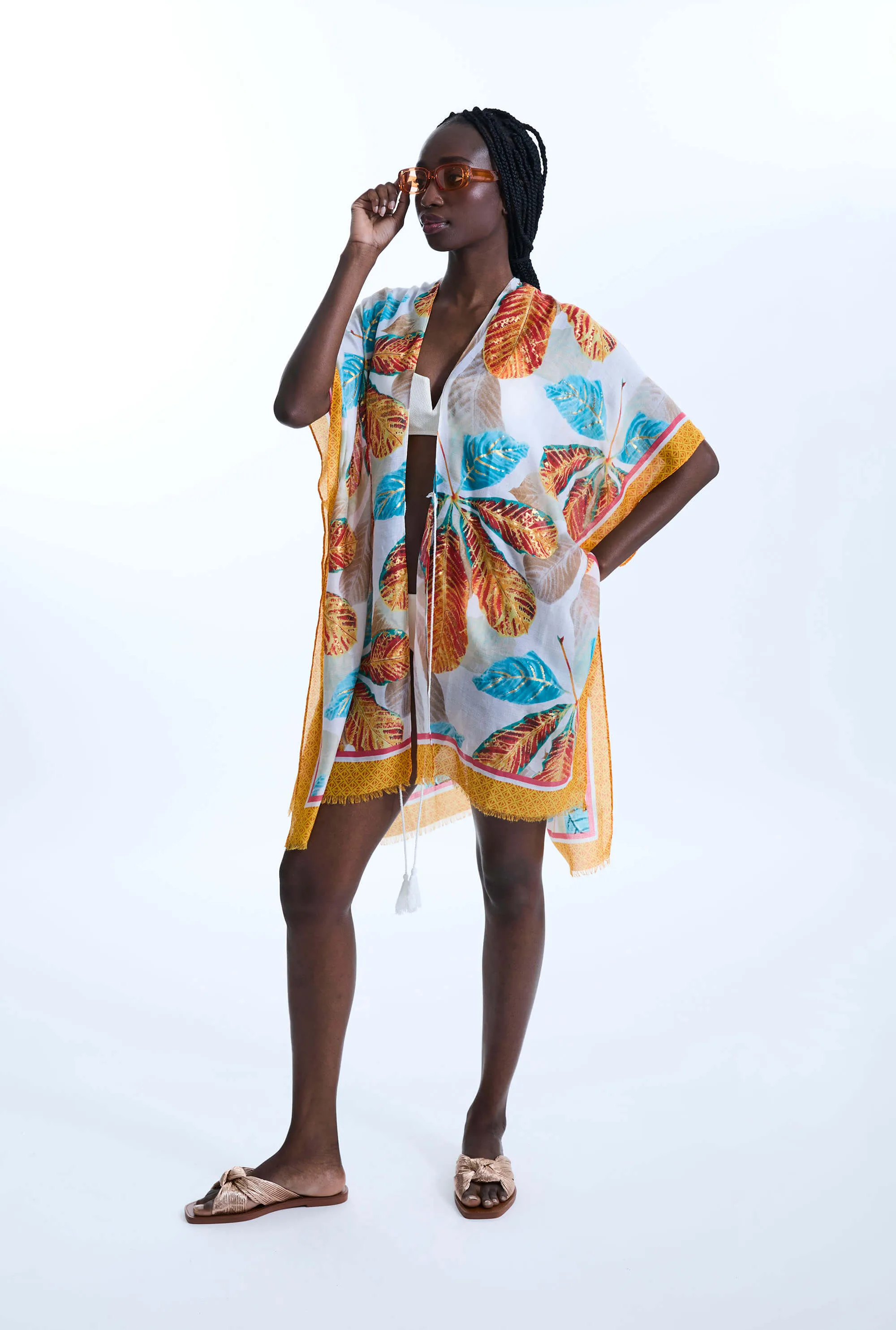 Gold Detail Leaf Kaftan Orange