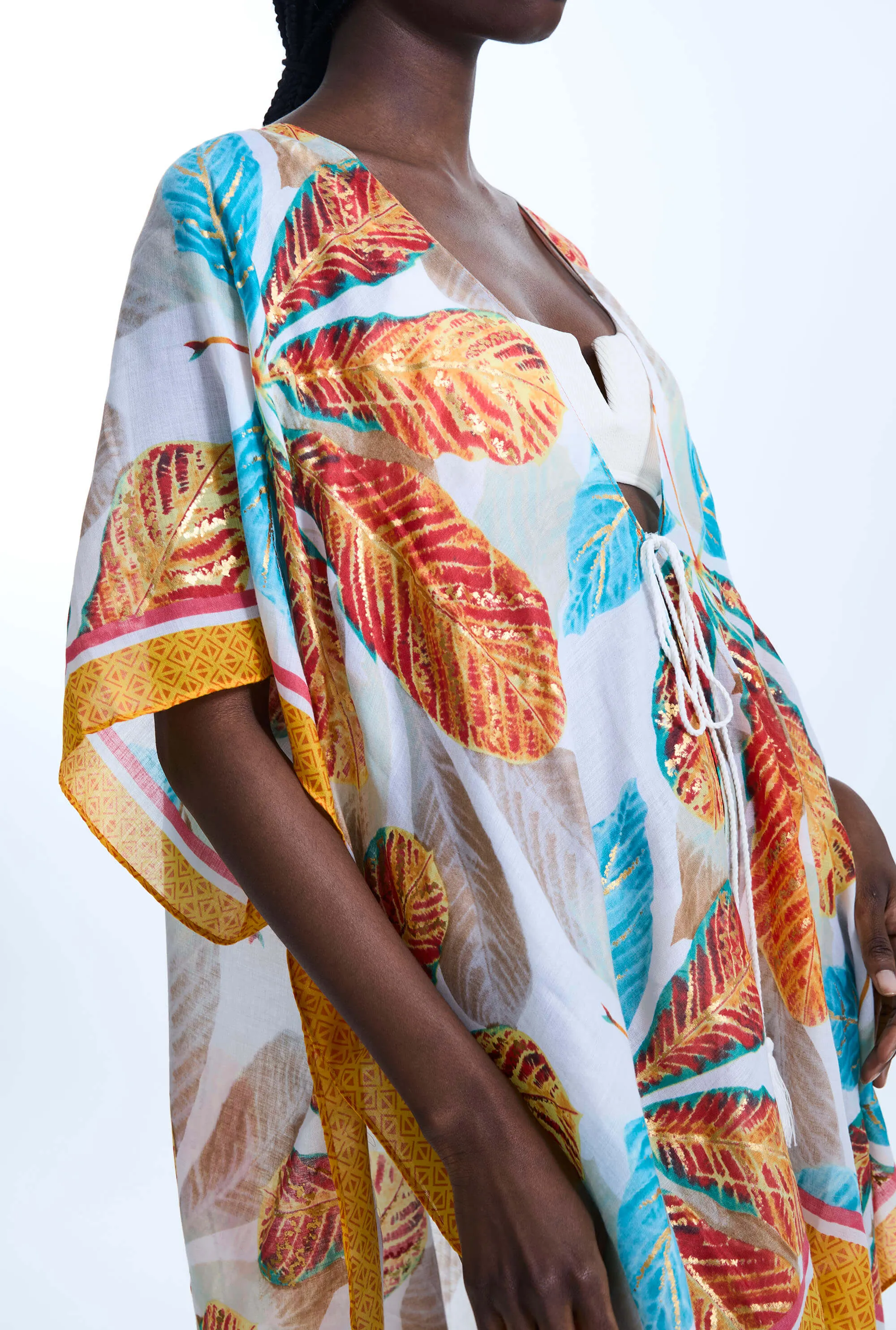 Gold Detail Leaf Kaftan Orange