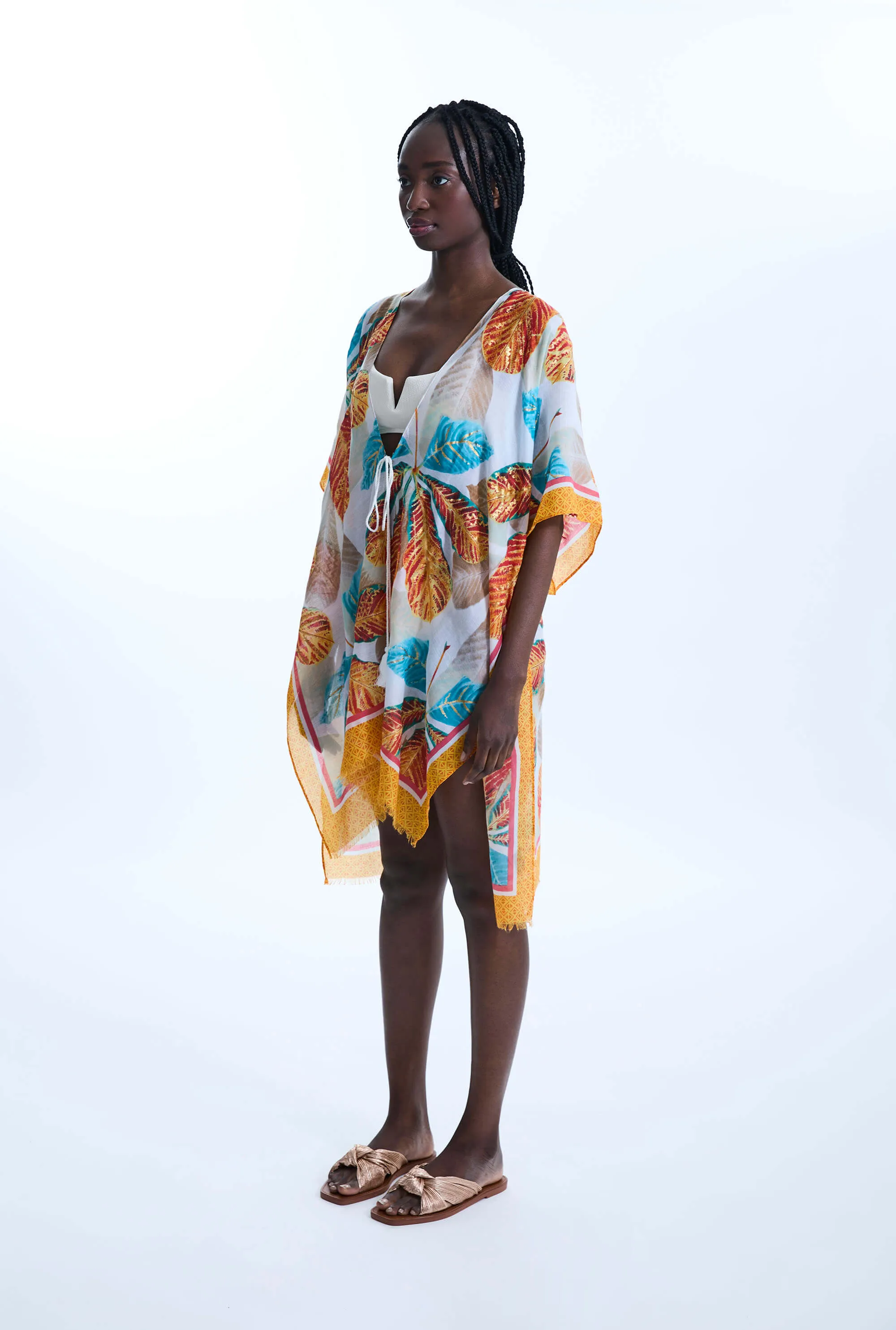 Gold Detail Leaf Kaftan Orange