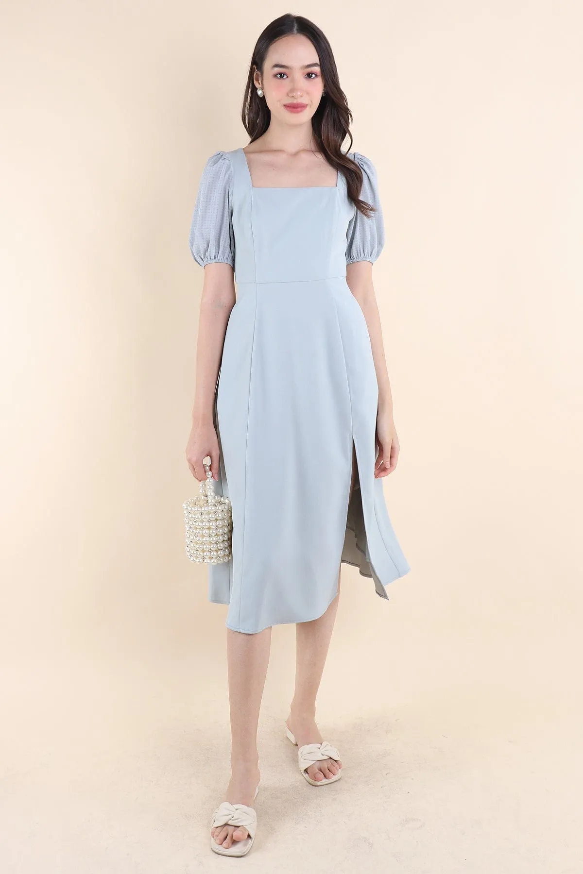 JANELYN SLEEVE MIDI DRESS IN SAGE BLUE