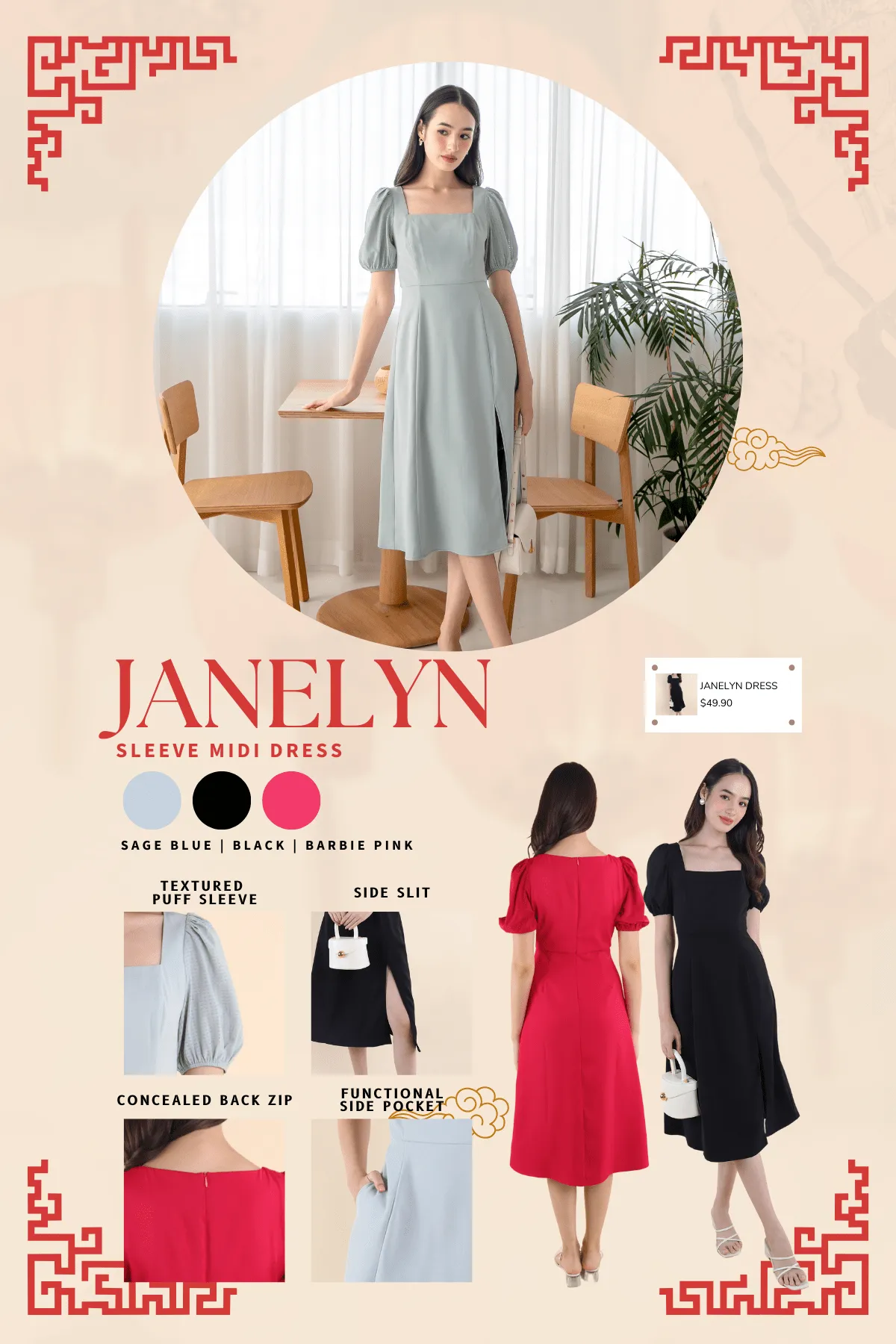 JANELYN SLEEVE MIDI DRESS IN SAGE BLUE